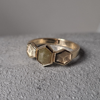 Handgemaakt solitaire ring met het geometrische patroon van de honingraat en een kroonsteen met een hexagoon roosgeslepen natuurlijke honingkleurige diamant. Natuurlijk design door Goudsmederij Goedbloed
